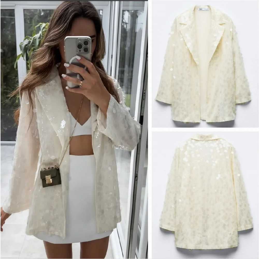 ZARA SEQUIN OPEN FRONT BLAZER Size S Cream - Picture 3 of 16